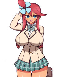 Rule 34 | 1girl, alternate costume, arm behind back, arm up, blazer, blue eyes, blue flower, blush, bow, bowtie, breasts, briefcase, chro (rulurullu), cowboy shot, creatures (company), dark-skinned female, dark skin, female focus, flower, game freak, green bow, green bowtie, green skirt, gym leader, hair flower, hair ornament, happy, holding, jacket, large breasts, long hair, long sleeves, looking at viewer, miniskirt, nintendo, open mouth, plaid, plaid skirt, pleated skirt, pokemon, pokemon bw, red hair, school uniform, shiny skin, shirt, simple background, skirt, skyla (pokemon), smile, solo, standing, striped bow, striped bowtie, striped clothes, thigh gap, topknot, white background, white shirt