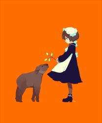 Rule 34 | 1girl, animal, animal request, apron, black dress, black footwear, boots, branch, brown pantyhose, child, dress, frills, from side, high heel boots, high heels, holding, holding branch, leaf, long sleeves, maeya susumu, maid, maid apron, orange background, original, pantyhose, profile, simple background, sleeves past wrists, solo, standing, white apron