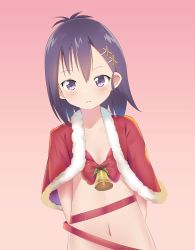 Rule 34 | 1girl, absurdres, arms behind back, bell, blush, breasts, capelet, christmas, expressionless, fur-trimmed capelet, fur trim, gabriel dropout, hair between eyes, hair ornament, hairclip, highres, looking at viewer, medium hair, meng jiang, merry christmas, naked capelet, naked ribbon, navel, purple eyes, purple hair, red capelet, red ribbon, ribbon, small breasts, solo, vignette tsukinose april, x hair ornament