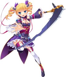 Rule 34 | 1girl, blonde hair, blue eyes, blush, bow, bowtie, detached sleeves, drill hair, frills, full body, game cg, highres, holding, holding weapon, koihime musou, open mouth, scythe, solo, sousou (koihime musou), thighhighs, transparent background, twintails, weapon, zettai ryouiki
