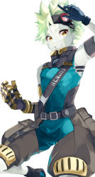 Rule 34 | absurdres, blue gloves, colored skin, gloves, green hair, grey skin, grin, highres, risumi (taka-fallcherryblossom), romper, shorts, simple background, sleeveless, smile, spiked hair, valdi (xenoblade), white background, xenoblade chronicles (series), xenoblade chronicles 3, yellow eyes