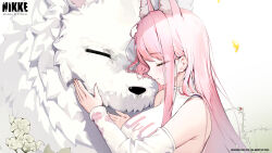 Rule 34 | 1girl, absurdres, animal, animal ear fluff, animal ears, animal hug, armpit crease, bare shoulders, blush, breasts, closed eyes, closed mouth, commentary request, copyright name, dduck kong, detached sleeves, extra ears, fingernails, goddess of victory: nikke, highres, large breasts, leona (nikke), long hair, official art, pink hair, shirt, sideboob, sideless outfit, sideless shirt, simple background, smile, timi (nikke), upper body, white background, white shirt, white sleeves