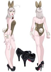 Rule 34 | 1girl, absurdres, alternate costume, alternate hairstyle, animal ears, antenna hair, ass, bare legs, black bow, black bowtie, black footwear, bow, bowtie, breasts, detached collar, fake animal ears, full body, green eyes, grey hair, grey leotard, high heels, highres, kantai collection, kinugasa (kancolle), kinugasa kai ni (kancolle), leotard, medium hair, multiple views, ojipon, playboy bunny, rabbit ears, rabbit tail, shoes, simple background, small breasts, standing, strapless, strapless leotard, tail, white background, wrist cuffs