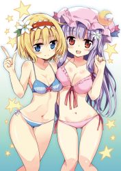 Rule 34 | 2girls, alice margatroid, bikini, blonde hair, blue bikini, blue eyes, blush, breast press, breasts, cleavage, closed mouth, collarbone, crescent, crescent hair ornament, eyebrows, flower, front-tie bikini top, front-tie top, hair flower, hair ornament, hairband, hat, index finger raised, large breasts, long hair, looking at viewer, maturiuta sorato, medium breasts, mob cap, multiple girls, navel, open mouth, patchouli knowledge, pink bikini, purple hair, red eyes, short hair, side-tie bikini bottom, star (symbol), swimsuit, touhou, wide hips