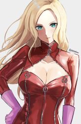 Rule 34 | 1girl, alternate hairstyle, blonde hair, blue eyes, bodysuit, breasts, cleavage, cleavage cutout, closed mouth, clothing cutout, elbow gloves, gloves, hair down, hand on own hip, highres, large breasts, long hair, looking at viewer, medium breasts, persona, persona 5, pink gloves, pppppknw, purple gloves, red bodysuit, simple background, smile, solo, takamaki anne, twitter username, white background, zipper