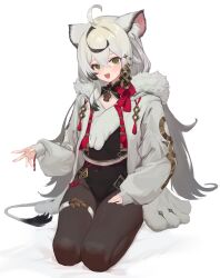 Rule 34 | 1girl, :d, absurdres, ahoge, animal ears, fur trim, green eyes, grey hair, hair ornament, highres, open mouth, original, ribbon, simple background, sleeves past wrists, smile, tail, thigh strap, white background, xiaomaiyangcongzhou