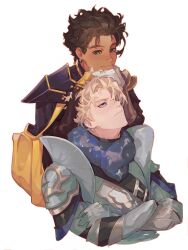 2boys absurdres arm_on_another&#039;s_head armor black_armor blonde_hair blue_eyes blue_fur breastplate brown_hair cape claude_von_riegan closed_mouth commentary couple cropped_torso crossed_arms dark-skinned_male dark_skin dimitri_alexandre_blaiddyd english_commentary ennec0 fire_emblem fire_emblem:_three_houses fur_trim gauntlets gloves gold_sleeve_cuffs green_eyes head_back head_rest highres interracial looking_up male_focus multiple_boys nintendo pauldrons short_hair shoulder_armor side_cape simple_background sleeve_cuffs smile white_background white_gloves yaoi yellow_cape