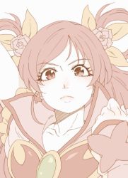 Rule 34 | 1girl, bad id, bad twitter id, character request, closed mouth, earrings, flower, hair flower, hair ornament, hair rings, high collar, jewelry, looking at viewer, pink flower, pink rose, portrait, precure, red eyes, red hair, rose, simple background, solo, tasaka shinnosuke, twintails, white background
