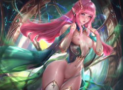 Rule 34 | 1girl, blue eyes, blush, breasts, bridal gauntlets, earrings, female focus, functionally nude, highres, jewelry, long hair, looking at viewer, no panties, pink hair, pointy ears, pussy, sakimichan, small breasts, solo, sweat, thighhighs, uncensored