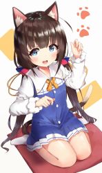 Rule 34 | 10s, 1girl, :d, ahoge, animal ears, blue dress, blue eyes, blush, brown hair, cat ears, cat girl, cat tail, commentary request, cushion, dress, feet, full body, grey background, hair between eyes, hair ribbon, hand up, highres, hinatsuru ai, kemonomimi mode, layered sleeves, long hair, long sleeves, low twintails, no shoes, open mouth, paw print, paw print background, puffy short sleeves, puffy sleeves, racchi., ribbon, ryuuou no oshigoto!, school uniform, short over long sleeves, short sleeves, sitting, smile, socks, solo, tail, twintails, very long hair, wariza, white socks, yellow ribbon, zabuton