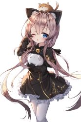Rule 34 | 1girl, ;o, absurdres, animal, animal ear fluff, animal ears, black capelet, black dress, blade &amp; soul, blue eyes, blush, capelet, cat ears, dog, dress, frilled dress, frills, hair between eyes, highres, long sleeves, low twintails, lyn (blade &amp; soul), one eye closed, pantyhose, parted lips, pink hair, sidelocks, signature, simple background, solo, tandohark, tongue, tongue out, twintails, white background, white pantyhose