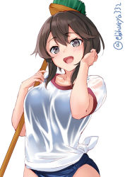 Rule 34 | 1girl, artist name, blue one-piece swimsuit, blush, breasts, brown eyes, brown hair, cleaning, cleaning brush, ebifurya, gym shirt, gym uniform, hayasui (kancolle), highres, kantai collection, large breasts, medium hair, mop, one-hour drawing challenge, one-piece swimsuit, open mouth, school swimsuit, shirt, simple background, smile, swimsuit, swimsuit under clothes, tied shirt, white background