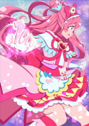 Rule 34 | 1girl, absurdres, apron, back bow, bow, brooch, choker, clenched hands, commentary, cone hair bun, cure precious, delicious party precure, double bun, dress, earrings, frown, gloves, hair bow, hair bun, heart, heart brooch, highres, huge bow, jewelry, kneehighs, kome-kome (precure), long hair, looking to the side, magical girl, nagomi yui, open mouth, pink dress, pink hair, precure, purple eyes, red bow, red choker, short dress, socks, solo, sparkle, standing, toon (noin), two side up, waist apron, white gloves