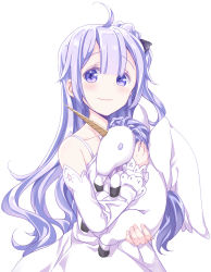 Rule 34 | 1girl, ahoge, azur lane, bare arms, bare shoulders, black ribbon, blush, closed mouth, commentary request, detached sleeves, dress, fingernails, full body, hair between eyes, hair bun, hair ribbon, highres, hyurasan, long hair, long sleeves, looking at viewer, md5 mismatch, hugging object, one side up, purple eyes, purple hair, resolution mismatch, ribbon, side bun, simple background, single hair bun, single side bun, sleeveless, sleeveless dress, solo, source larger, stuffed animal, stuffed toy, stuffed unicorn, stuffed winged unicorn, unicorn (azur lane), very long hair, wavy mouth, white background, white dress