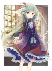 Rule 34 | 1girl, black shirt, blurry, blurry background, center frills, closed mouth, commentary, depth of field, frilled skirt, frills, green hair, hair ribbon, highres, jacket, long hair, long sleeves, looking at viewer, original, purple jacket, red eyes, red skirt, ribbon, shirt, skirt, smile, solo, symbol-only commentary, very long hair, white ribbon, window, yonema