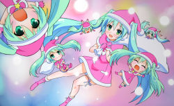 Rule 34 | 6+girls, akitsuki kanna, boots, chibi, closed eyes, gloves, green eyes, green hair, hat, hatsune miku, long hair, multiple girls, open mouth, outstretched arms, project diva (series), project diva 2nd, sack, santa costume, santa hat, smile, spread arms, twintails, very long hair, vocaloid