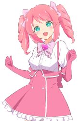 Rule 34 | 1girl, blush, breasts, dress, drill hair, elbow gloves, frilled dress, frills, gloves, green eyes, hair ribbon, head tilt, heinkeluhu, highres, long bangs, looking at viewer, magia magenta, mahou shoujo ni akogarete, neck ribbon, open mouth, pink gloves, pink hair, pink ribbon, ribbon, shirt, simple background, sleeveless, sleeveless dress, small breasts, smile, solo, twin drills, upper body, white background, white shirt