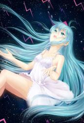 Rule 34 | 10s, 1girl, absurdres, blue eyes, blue hair, denpa onna to seishun otoko, dress, female focus, highres, long hair, matching hair/eyes, one-piece swimsuit, open mouth, outstretched arms, plutokelp, solo, space, star (symbol), swimsuit, tears, touwa erio