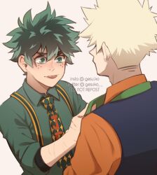 Rule 34 | 2boys, bakugou katsuki, blonde hair, blush, boku no hero academia, closed mouth, collared shirt, comic, commentary, english commentary, freckles, gesuko, green eyes, green hair, green shirt, grey background, highres, looking at another, male focus, midoriya izuku, multiple boys, necktie, official alternate costume, orange shirt, print necktie, scar, scar on arm, shirt, short hair, simple background, spiked hair, tongue, tongue out, tying necktie, upper body, vest