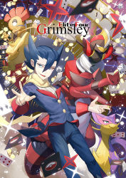 Rule 34 | 1boy, bisharp, black hair, blue eyes, buttons, card, character name, commentary request, creatures (company), dice, game freak, gen 5 pokemon, grimsley (pokemon), hair between eyes, jacket, krookodile, liepard, long sleeves, looking at viewer, male focus, nintendo, open mouth, pants, playing card, pokemon, pokemon (creature), pokemon bw, scarf, scrafty, short hair, smile, spiked hair, tongue, w, yamanashi taiki, yellow scarf