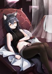 Rule 34 | 1girl, absurdres, animal ear fluff, animal ears, anizi, arknights, bare arms, bare shoulders, black hair, black pantyhose, black shirt, commentary request, feet out of frame, food, food in mouth, grey shorts, hand under clothes, hand under shirt, highres, midriff, mouth hold, navel, open fly, pantyhose, pocky, reclining, shadow, shirt, short shorts, shorts, sleeveless, sleeveless shirt, solo, stomach, tail, texas (arknights), thighs, wolf ears, wolf tail