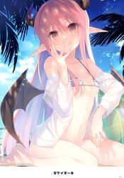 Rule 34 | 1girl, absurdres, artist name, bare shoulders, bikini, bikini top only, blue sky, breasts, brown eyes, cloud, cloudy sky, collarbone, day, demon girl, demon horns, demon wings, fingernails, hand up, highres, horns, jacket, long hair, long sleeves, looking at viewer, low wings, melonbooks, navel, off shoulder, open clothes, open jacket, outdoors, page number, palm leaf, pink hair, pointy ears, scan, shadow, simple background, sitting, sky, small breasts, smile, solo, stomach, striped bikini, striped clothes, swimsuit, takei ooki, thighs, tongue, tongue out, water, water drop, wings