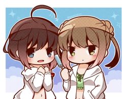 Rule 34 | 10s, 2girls, ahoge, alternate costume, blonde hair, bloom2425, blue eyes, braid, brown eyes, brown hair, chibi, commentary request, double bun, food, hair bun, hair over shoulder, hair ribbon, kantai collection, long hair, looking at viewer, michishio (kancolle), multiple girls, one-hour drawing challenge, open mouth, popsicle, ribbon, shigure (kancolle), short hair, short sleeves, single braid