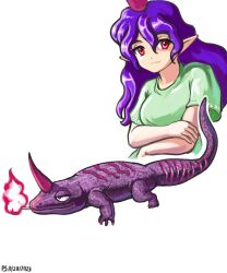 Rule 34 | 1girl, absurdres, closed mouth, commentary, dated, english commentary, highres, horns, lizard, long hair, looking at viewer, pointy ears, profitshame, purple hair, red horns, short sleeves, signature, single horn, tenkajin chiyari, touhou