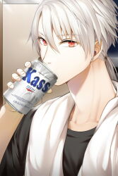 Rule 34 | 1boy, asymmetrical bangs, black shirt, can, cheritz, drinking, fingernails, hair tie, holding, holding can, long hair, looking at viewer, low ponytail, male focus, official art, pointy ears, red eyes, shirt, solo, susanghan messenger, t-shirt, third-party source, towel, towel around neck, white hair, zen (susanghan messenger)
