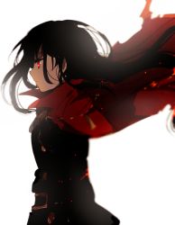 Rule 34 | 1girl, bad id, bad pixiv id, black hair, black jacket, cape, closed mouth, commentary request, expressionless, fate (series), floating hair, from side, hiiragi fuyuki, jacket, koha-ace, long hair, long sleeves, oda nobunaga (fate), oda nobunaga (koha-ace), profile, red cape, red eyes, simple background, solo, standing, white background