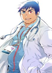Rule 34 | 1boy, arima mineaki, bara, blue eyes, blue hair, blush, heterochromia, highres, lab coat, long sideburns, male focus, mature male, mozhoyo, muscular, muscular male, open mouth, red eyes, scar, scar on face, short hair, sideburns, simple background, smile, solo, stethoscope, thick eyebrows, tokyo houkago summoners, track suit, upper body, white background