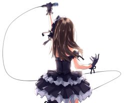 Rule 34 | 10s, 1girl, bare shoulders, black dress, black gloves, brown hair, cable, dress, from behind, gloves, hair ornament, highres, idol, idolmaster, idolmaster cinderella girls, long hair, microphone, outstretched arm, sei2makoto, shibuya rin, shibuya susano, solo, white background, wire