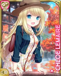 Rule 34 | 1girl, blonde hair, blue eyes, card, character name, chloe lemaire, day, denim, dress, girlfriend (kari), hat, jacket, long hair, official art, open mouth, outdoors, qp:flapper, smile, solo, standing, tagme, yellow dress