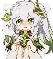 Rule 34 | 1girl, blush, commentary request, cross-shaped pupils, crying, detached sleeves, dress, genshin impact, green eyes, green hair, green sleeves, grey hair, hair between eyes, hair ornament, highres, long hair, looking at viewer, nahida (genshin impact), parted lips, pointy ears, ponytail, shigetake (buroira), side ponytail, sidelocks, simple background, solo, symbol-shaped pupils, tears, upper body
