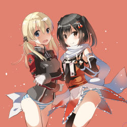 Rule 34 | 10s, 2girls, anchor hair ornament, aqua eyes, black gloves, blonde hair, blush, breasts, brown eyes, brown hair, cross, elbow gloves, embarrassed, fingerless gloves, gloves, hair between eyes, hair ornament, iron cross, kantai collection, long hair, long sleeves, looking at viewer, low twintails, medium breasts, military, military uniform, multiple girls, naruse chisato, no headwear, no pants, open mouth, orb, panties, prinz eugen (kancolle), remodel (kantai collection), scarf, school uniform, sendai (kancolle), serafuku, short hair, simple background, single thighhigh, smile, striped clothes, striped panties, thighhighs, twintails, two side up, underwear, uniform, v, white gloves, white scarf
