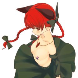 Rule 34 | 1girl, animal ears, bow, braid, cat ears, cropped, extra ears, from above, highres, kaenbyou rin, long hair, pasties, pointy ears, red eyes, red hair, solo, touhou, twin braids, zuttokodomo