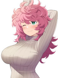 Rule 34 | 1girl, arm behind head, arms up, breasts, green eyes, grey sweater, honda naoki, large breasts, long sleeves, looking at viewer, mamayuyu, one eye closed, pink hair, ribbed sweater, simple background, solo, sweater, upper body, white background, wool pool elysia