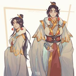Rule 34 | 1girl, absurdres, artist name, bbybluemochi, beads, black hair, blue eyes, blush, bracelet, breasts, chinese clothes, dress, earrings, facial mark, forehead mark, from side, fur trim, genderswap, gold trim, hair bun, hair ornament, hair stick, hanfu, highres, jewelry, large breasts, long hair, long sleeves, looking at viewer, makeup, mature female, multiple views, parted bangs, parted lips, sash, simple background, smile, standing, straight-on, tassel, tassel earrings, tianguan cifu, twitter username, very long hair, white background, wide sleeves, xie lian