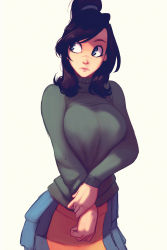 Rule 34 | 1girl, absurdres, blue eyes, brown hair, commentary, english commentary, green sweater, highres, long hair, looking to the side, medium hair, original, ponytail, raichiyo33, skirt, solo, sweater, thick lips, turtleneck, turtleneck sweater, white background