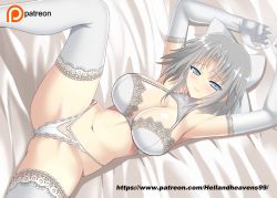 Rule 34 | 10s, 1girl, arms up, bed sheet, blue eyes, blush, bow, bra, breasts, crotch seam, elbow gloves, gloves, grey hair, hair bow, half-closed eyes, halterneck, hellandheaven, lace, lace-trimmed bra, lace-trimmed gloves, lace-trimmed legwear, lace-trimmed panties, lace trim, large breasts, lingerie, looking at viewer, lying, navel, on back, panties, parted bangs, patreon logo, senran kagura, senran kagura shinovi versus, short hair, smile, solo, spread legs, string panties, thighhighs, underwear, underwear only, watermark, web address, white bow, white bra, white gloves, white panties, white thighhighs, yumi (senran kagura)