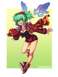 Rule 34 | 1girl, boots, cape, cave (developer), copyright name, espgaluda, gradient background, green background, green eyes, green hair, happy, kara (color), matching hair/eyes, solo, tateha, tateha (espgaluda), wings, yellow background