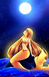 Rule 34 | 1girl, blonde hair, coco (mermaid melody pichi pichi pitch), collar, hair between eyes, highres, jewelry, long hair, mermaid, mermaid melody pichi pichi pitch, monster girl, moon, moonlight, necklace, night, night sky, shell, shell necklace, sky, smiley face, straight hair, tail, yellow eyes