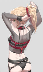 Rule 34 | 1girl, arms behind head, arms up, ass, back, black bra, black shorts, blonde hair, bra, breasts, closed mouth, fate/apocrypha, fate (series), female focus, from behind, green eyes, highres, long hair, long sleeves, mordred (fate), mordred (fate/apocrypha), parted bangs, ponytail, profile, red scrunchie, scrunchie, shorts, sidelocks, simple background, small breasts, solo, standing, tonee, tying hair, underwear, upper body