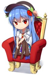 Rule 34 | 1girl, black hat, black pantyhose, blue hair, blue skirt, blush, chibi, closed mouth, couch, flower, food, fruit, full body, hair flower, hair ornament, hat, hinanawi tenshi, knees up, leaf, long hair, looking at viewer, neropaso, pantyhose, peach, rainbow order, red eyes, short sleeves, sidelocks, sitting, skirt, smile, solo, touhou, very long hair, white skirt