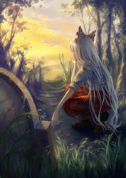 Rule 34 | 1girl, bad id, bad pixiv id, bow, head rest, cigarette, female focus, forest, from behind, fujiwara no mokou, grass, grave, hair bow, long hair, looking away, nature, silver hair, sky, sleeves rolled up, solo, squatting, sunset, tombstone, touhou, tree, windyakuma