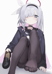 Rule 34 | 1girl, absurdres, black choker, black footwear, black hairband, black pantyhose, black serafuku, black skirt, blue archive, blush, braid, choker, closed mouth, colored inner hair, feet, foot out of frame, grey eyes, grey hair, hair over one eye, hairband, halo, highres, holding, holding clothes, holding footwear, long hair, long sleeves, looking at viewer, multicolored hair, pantyhose, pink hair, plana (blue archive), red halo, red pupils, sailor collar, school uniform, serafuku, sh (shinh), simple background, single braid, skirt, solo, thighband pantyhose, toes, white background