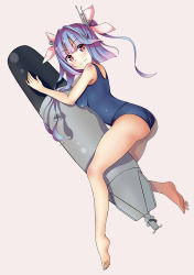 Rule 34 | 10s, 1girl, 3:, aicky, ass, bare legs, barefoot, blue hair, gradient hair, i-19 (kancolle), kantai collection, long hair, looking at viewer, multicolored hair, red eyes, school swimsuit, simple background, solo, star-shaped pupils, star (symbol), swimsuit, symbol-shaped pupils, torpedo, tri tails