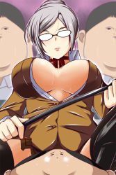 Rule 34 | 10s, 1girl, 3boys, andou reiji, baton, black hair, black thighhighs, bow, breasts, glasses, gradient background, hair bow, heavy breathing, highres, large breasts, multiple boys, nishi koutarou, no bra, open clothes, open mouth, open shirt, prison school, shiraki meiko, shirt, silver hair, skirt, thighhighs