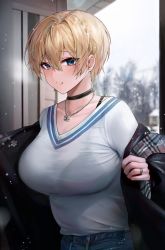 Rule 34 | 1girl, absurdres, black bra, black choker, blonde hair, blush, bra, bra visible through clothes, breasts, choker, commentary, girls&#039; frontline, hair between eyes, highres, jewelry, large breasts, looking at viewer, mole, mole on breast, mole under eye, necklace, parted lips, polla, ring, shirt, shirt tucked in, short hair, snow, solo, symbol-only commentary, underwear, vsk-94 (girls&#039; frontline), white shirt
