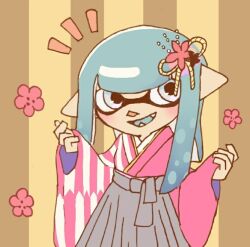 Rule 34 | 1girl, anna gomesi, blue hair, brown background, commentary request, flower, grey hakama, hair flower, hair ornament, hakama, haori, inkling, inkling girl, inkling player character, japanese clothes, long hair, nintendo, notice lines, open mouth, pink flower, pink haori, pointy ears, simple background, smile, solo, splatoon (series), striped background, teeth, tentacle hair, upper body, wide sleeves